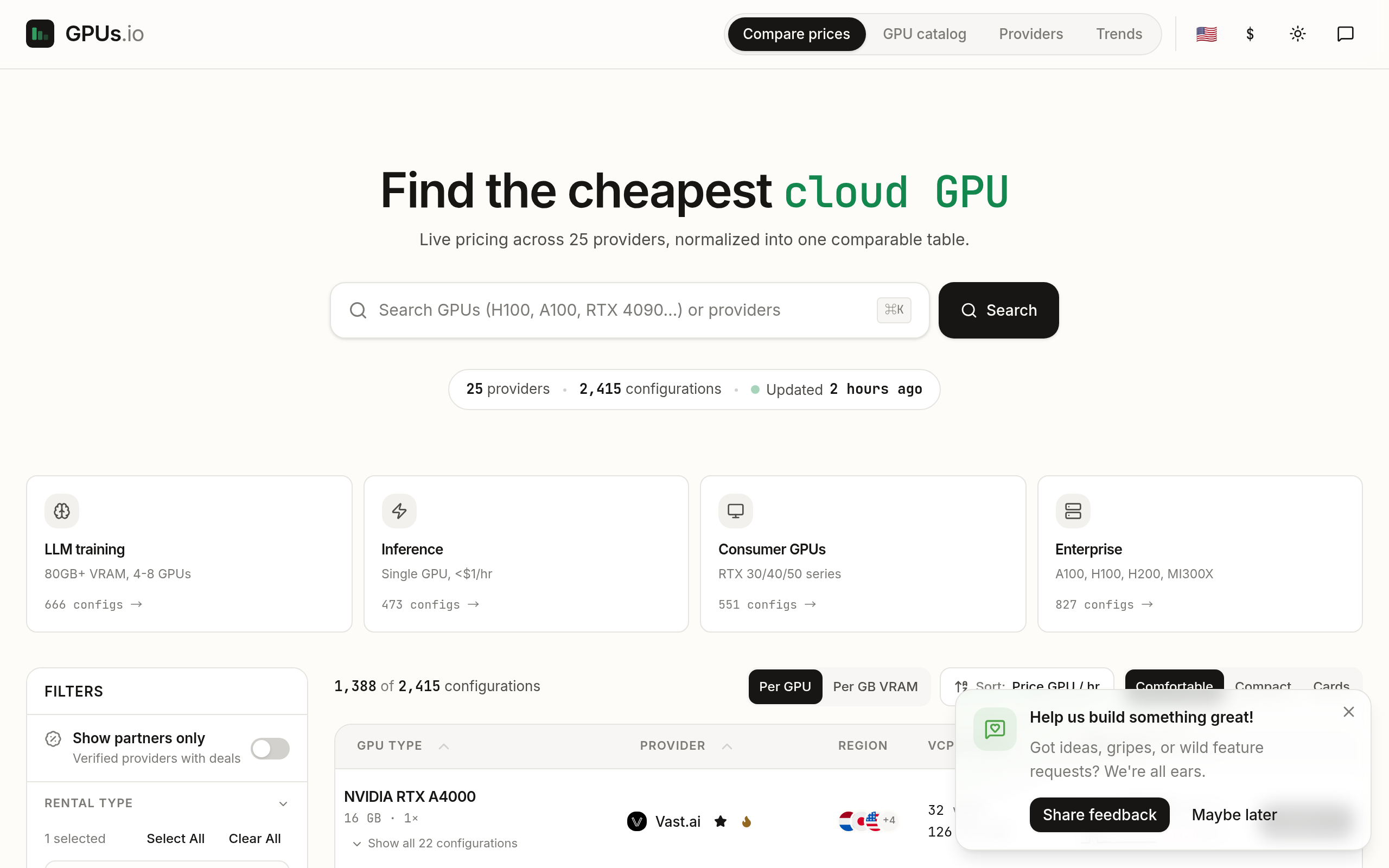 GPUs.io GPU Price Comparison · 首页